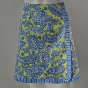 Lilly & Van Lime & Blue Paisley Faux Wrap Pleated Trim Mini Skirt Size Large